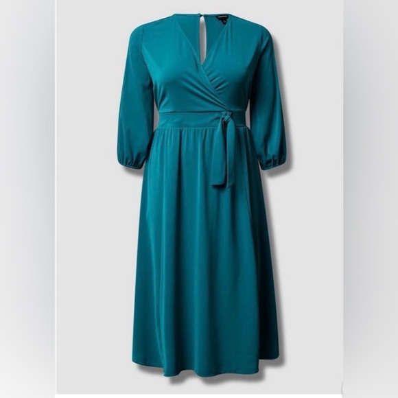 Torrid Tea Length Studio Studio Crepe de Chine Surplice Midi Dress Size 1X Teal - Picture 5 of 14